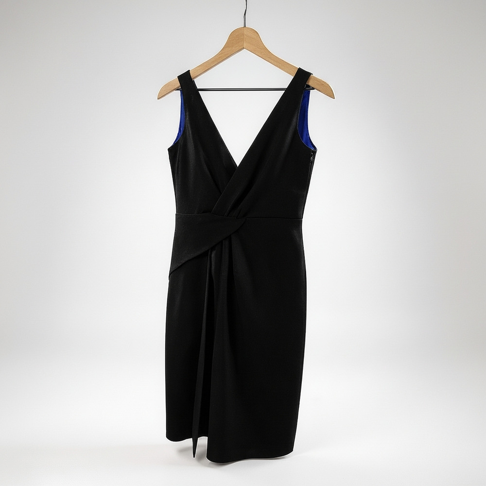 ELIE TAHARI Black Wrap Front Sheath Dress Blue Lining Sleeveless Size 4